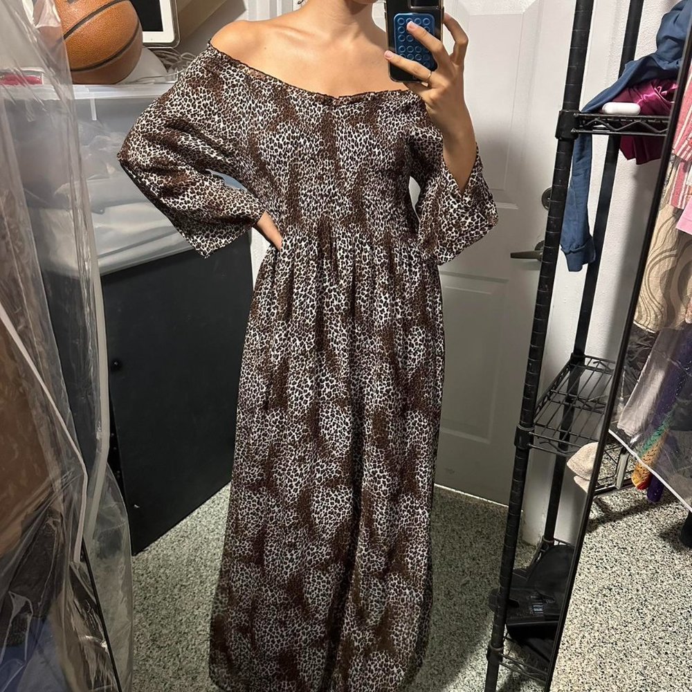 Robert Louis Womens Maxi Dress Animal Print Flowy Off Shoulder Brown Small